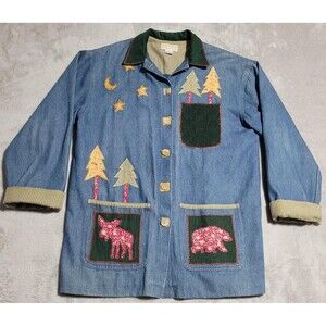 Vintage Casey Coleman Denim Jacket Womens M/L Blue Moose Bear Trees Stars Button